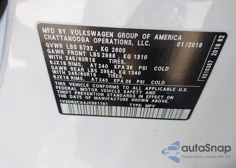 2018 Volkswagen Atlas 3.6L V6 Se/3.6L V6 Se W/Technology from USA, damaged, VIN 1V2DR2CA4JC551781